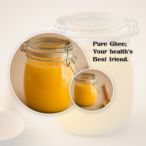 Jar of golden ghee with a smaller inset image showcasing its use.