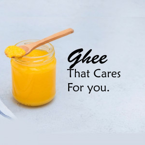 A jar of golden ghee with a wooden spoon, with text 'Ghee That Cares For You'