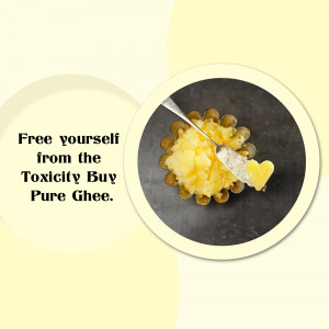 Close-up of ghee with a spreading knife on a dark plate, with text promoting it as a detoxifying food.