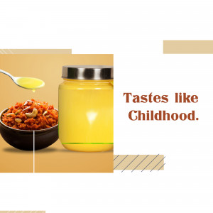 A jar of ghee with a bowl of sweet dessert, evoking nostalgic flavors.