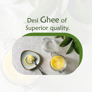 Image of Desi Ghee in jars and on a spoon, showcasing its rich texture and quality.