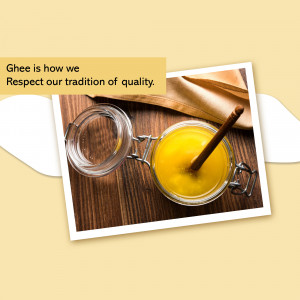 A jar of golden ghee with a cinnamon stick, representing tradition and quality.