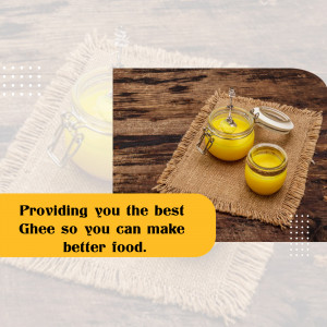 Three jars of golden ghee on a rustic wooden surface with burlap cloth.