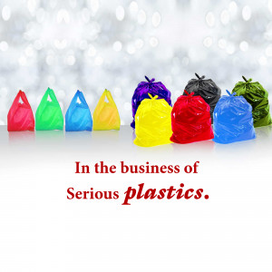 A row of colorful plastic trash bags with text 'In the business of Serious plastics.'