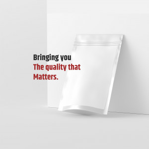 White pouch with text 'Bringing you the quality that matters'