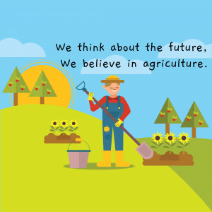 Cartoon illustration of a farmer with text about believing in agriculture.