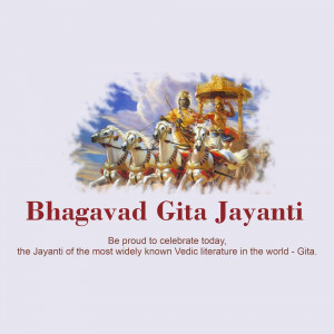Image depicting Lord Krishna and Arjuna in a chariot with the text 'Bhagavad Gita Jayanti'