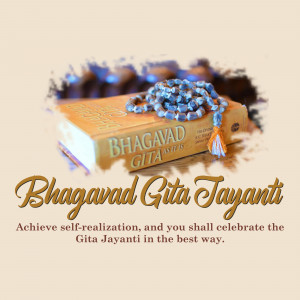 Bhagavad Gita book with prayer beads and text 'Bhagavad Gita Jayanti'