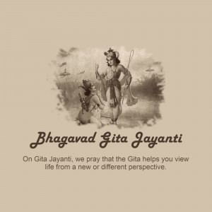 Illustration of Krishna and Arjuna with text 'Bhagavad Gita Jayanti'