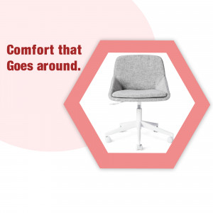 Grey office chair with white base and wheels, set against a pink hexagonal background.
