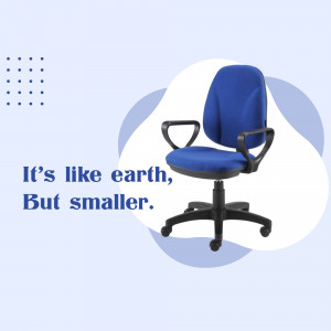 Blue office chair with black arms and base on a light blue background with text.