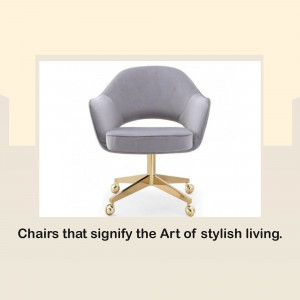 Close-up of a modern gray velvet swivel chair with gold legs