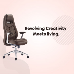 Brown ergonomic office chair with chrome base on a pink background with text 'Revolving Creativity Meets Living.'