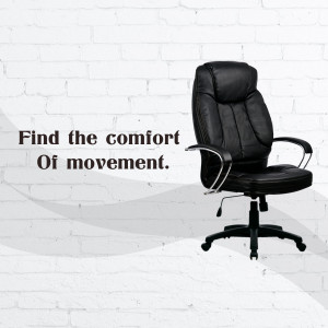 Black leather executive office chair against a white brick wall with text overlay