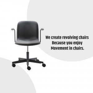 Black revolving office chair with a five-star base and text about movement.