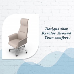 A beige office chair with a high back and chrome base, set against a white brick wall and a light blue wave design.