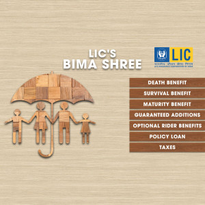 LIC Bima Shree insurance plan illustration with family under an umbrella