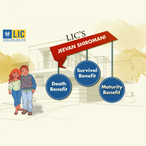 Illustration of a family with LIC Jeevan Shiromani benefits highlighted