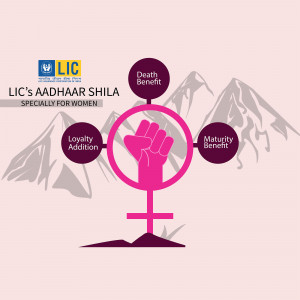 LIC Aadhaar Shila insurance plan for women with benefits like death benefit, loyalty addition, and maturity benefit.