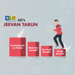 LIC Jeevan Tarun insurance plan advertisement featuring a man climbing steps representing benefits.