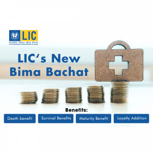 LIC Bima Bachat plan advertisement with a stack of coins and a medical kit