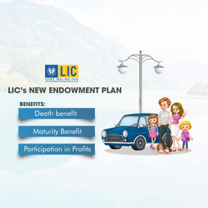 LIC New Endowment Plan advertisement featuring a family and benefits.