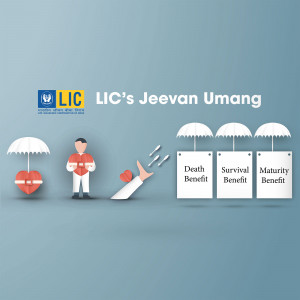 LIC Jeevan Umang insurance plan illustration with protection symbols.