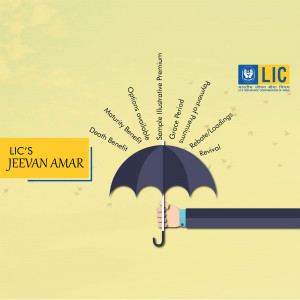 Illustration of an umbrella with LIC Jeevan Amar policy benefits listed around it.