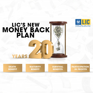 LIC Money Back Plan advertisement featuring a hourglass with money inside and the number 20.