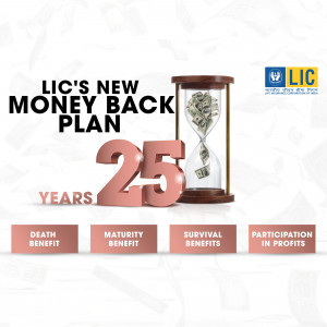 LIC Money Back Plan advertisement featuring a hourglass with money and the number 25.