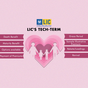 Infographic illustrating the benefits of LIC's Tech-Term insurance plan, featuring a family silhouette within a heart.