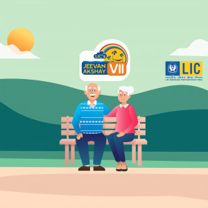 Illustration of an elderly couple sitting on a bench with LIC Jeevan Akshay VII logo and branding.