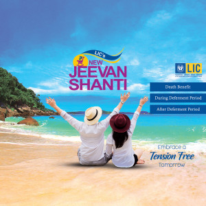 Couple enjoying a beach view with LIC Jeevan Shanti advertisement