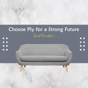 Gray sofa on a marble background with text promoting Ply furniture