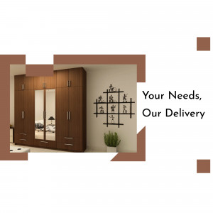 A modern bedroom featuring a large wooden wardrobe with mirrored doors and a decorative wall art piece.