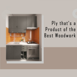 A modern kitchen featuring gray cabinets and an orange backsplash, showcasing quality plywood construction.