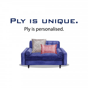 Blue sofa with decorative pillows and text 'Ply is Unique'