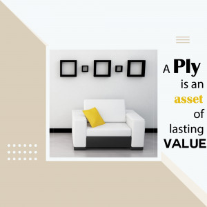 Modern living room with a white armchair and plywood wall decor