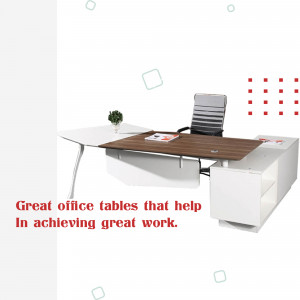 A modern white and wood office desk with a comfortable chair and minimal decor.