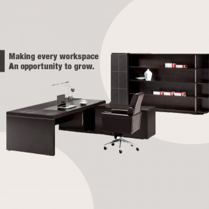Elegant dark brown office furniture set with desk, chair, and bookshelf