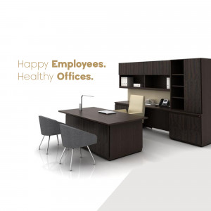 A well-designed office with a desk, chairs, and storage cabinets.