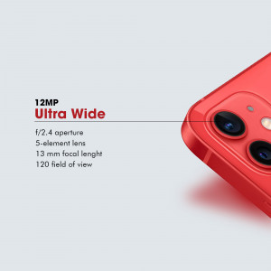 Close-up of an iPhone 12 Pro Max camera module highlighting the Ultra Wide lens specifications.