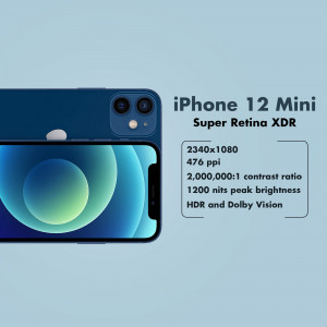 Close-up of an iPhone 12 Mini showcasing its Super Retina XDR display and camera.