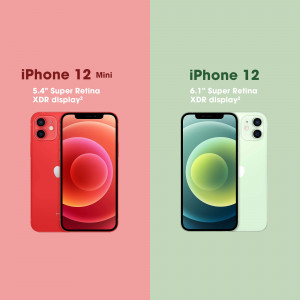 Side-by-side comparison of the red iPhone 12 Mini and the green iPhone 12 smartphones.