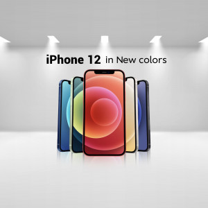 iPhone 12 in various colors displayed in a studio setting