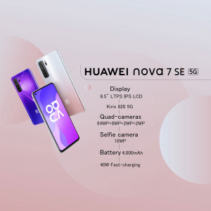 Huawei Nova 7 SE 5G smartphone with specifications displayed
