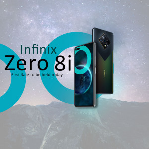 Infinix Zero 8i smartphone advertisement with a space-themed background