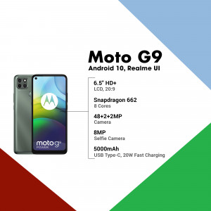 Image of the Moto G9 smartphone with specifications
