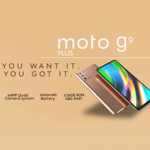 Moto G9 Plus smartphone with key features highlighted
