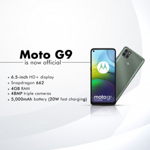 Image of the Motorola Moto G9 smartphone with key specifications.
